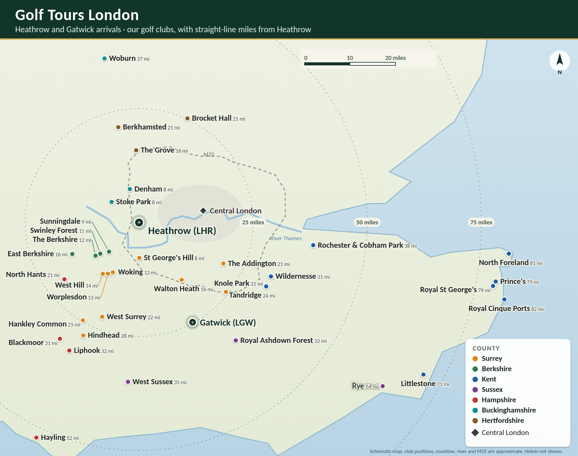 Map of the Golf Tours London region in South East England
